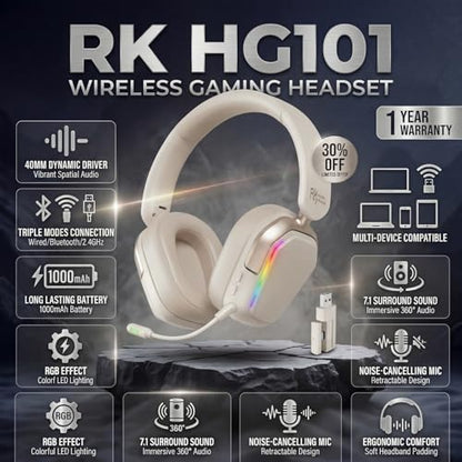 RK Royal Kludge HG101 Wireless Gaming Headset, 7.1 Surround Sound, Stereo Wired Headphones with Retractable Mic, Bluetooth5.3, RGB, Memory Foam Ear Pads, Works with PC, PS4, PS5, Switch, Platinum Grey - color: Platinum Grey
