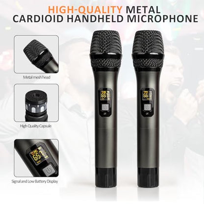 Soundgeek Wireless Microphone UHF Metal Dual Handheld Mic with Rechargeable Receiver 200ft Range, Microphone for Singing, Karaoke, Church, Speech, Wedding, Party Singing(2 Mics, Gray & Gray)
