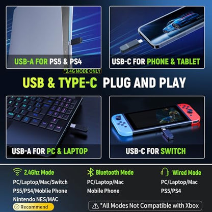 Tatybo Wireless Gaming Headset for PS5 PC, Dual Mode, Low Latency, Blue | 7.1 Surround Sound, Bluetooth+2.4GHz Dual Mode, Noise-Canceling Mic for FPS Battle Royale, 40Hrs for Switch, Mobile, Laptop - color: Blue