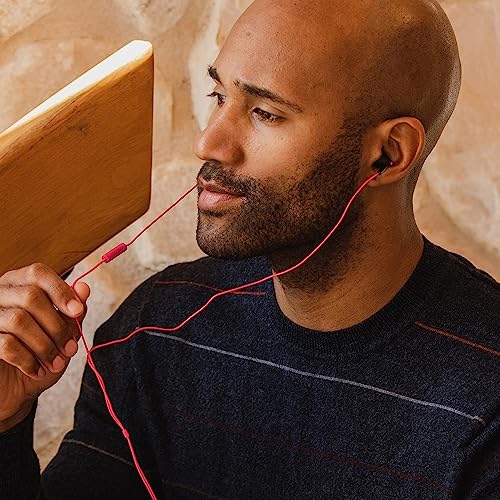 Panasonic ErgoFit Wired Earbuds with Microphone, 3.5mm Jack Headphones with Mic and Call Controller, Ergonomic Custom-Fit Earpieces (S/M/L), for Phones and Laptops - RP-TCM125-KB (Matte Black/Red) - color: Matte Black/RED, style: With Mic