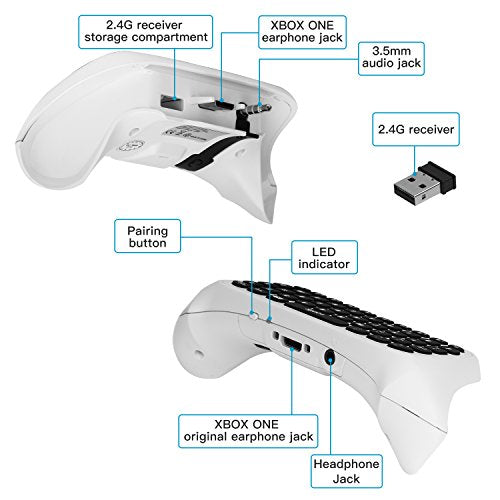 MoKo Green Backlight Keyboard for Xbox One Controller, White | Wireless Chatpad with Headset & Audio Jack, Xbox Accessories fit Xbox One/One S/ Elite/2, Series X/S, 2.4G Receiver Included - color: White