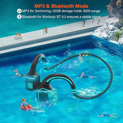 Bone Conduction Headphones Swimming Headphone - IP68 Waterproof Open Ear Headphones with MP3 Play 32G Memory Inductive Wireless Bluetooth Sports Headset for Running Swimming (Blue)