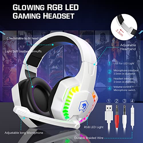 Wired Rainbow LED Backlit Keyboard and Mouse, Over Ear Headphone with Mic, Gaming Mice and Pad, for PC, Xbox and PS4 (White/Black) - color: White/Black