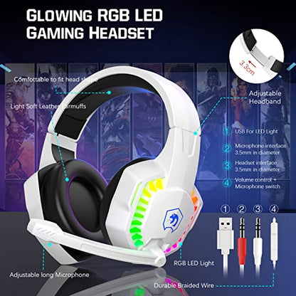 Wired Rainbow LED Backlit Keyboard and Mouse, Over Ear Headphone with Mic, Gaming Mice and Pad, for PC, Xbox and PS4 (White/Black) - color: White/Black
