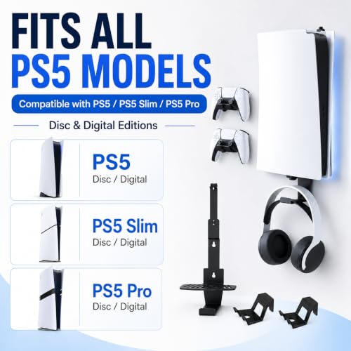Heavy-Duty Steel Wall Mount Kit Compatible with PS5 Slim, Pro and Original | Secure EVA-padded support, complete install kit, easy setup, open airflow, holders for 2 controllers and headset - color: Black