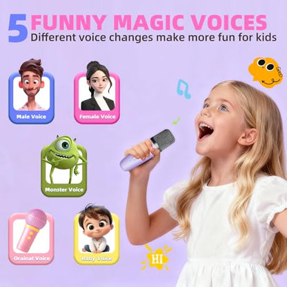 Kids Karaoke Machine Toy Ages 3-12, 2 Wireless Mics BT Speaker, Purple | Voice Changer, LED Party Lights, Duets, BT 5.3, Mini Rechargeable Portable, Christmas Birthday Gifts for Toddler Boys & Girls - color: Purple - 2
