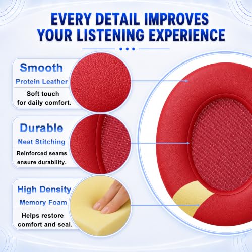 Replacement Ear Pads for Beats Studio 2 & Studio 3 (B0501, B0500) Wired & Wireless Headphones, Protein Leather Earpads Cushions with Memory Foam, Extra Thick Ear Cups,1 Pair，Red - color: Red