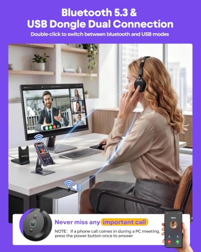 Wireless Headset with Mic for Work With Charging Stand & USB Dongle