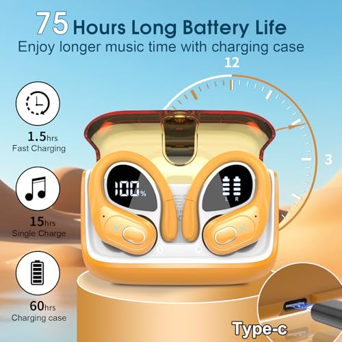 Wireless Earbuds 75H Bluetooth 5.4 Sport Headphones with Earhooks, Yellow | IPX7 Waterproof In-ear Buds Feature ENC Noise Cancelling Mic & Deep Bass. Stereo Sound Device for Gym Running Workout - color: Yellow