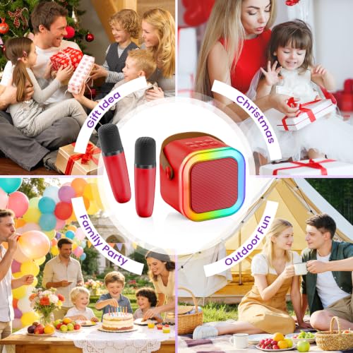 Mini Karaoke Machine, Portable Bluetooth Speaker & 2 Wireless Microphones | Karaoke Player Karaoke Microphone For Family Home Party Outdoor With HI-FI Sound | 5 Magic Sound | PA System | USB | TF | AUX - color: Red