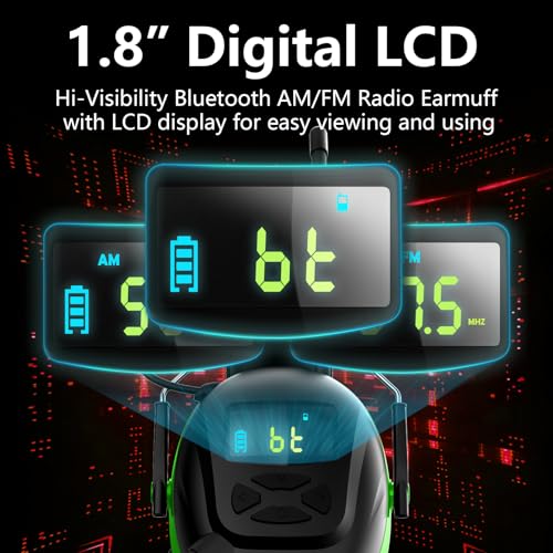 Bluetooth 6.0 AM/FM Hearing Protection, Radio Headphones with Digital Display, 30 SNR Noise Reduction Safety Earmuffs with Rechargeable 2000 mAh Large Battery, Ear Protector for Mowing Lawn Work - color: Green