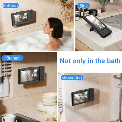 Shower Phone Holder Waterproof with Dual Bluetooth Speaker,360°Rotatable Shower Phone Case,Anti-Fog Bathroom Wall Mount for Mirror Bathtub Kitchen,Fits iPhone 17 16 S26U 4-7" Phone Stand(Deep Black) - color: Deep Black