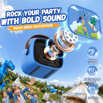 YLL Karaoke Machine for Kids, Portable Mini Speaker with 2 Wireless Microphones, Kids Toy Gifts for Boys Ages 3, 4, 5, 6, 7, 8, 9, 10+ Years Old, 4-12th Birthday Singing Home Family Party - color: Navy Blue-Dinosaur
