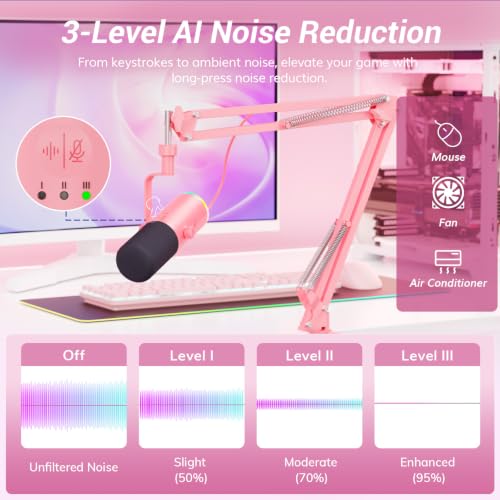 TONOR Dynamic Gaming Microphone XLR/USB Mic with AI Noise Cancellation - color: Pink