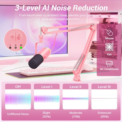 TONOR Dynamic Gaming Microphone XLR/USB Mic with AI Noise Cancellation - color: Pink