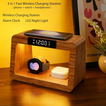 Bamboo Wireless Charging Station, 5 in 1 Charging Station with Light & Alarm Clock for Samsung & Android Phone, Wireless Phone Charger Station Only for Samsung Watch