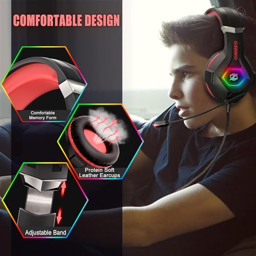 Ozeino Gaming Headset for PC, Ps4, Ps5, Xbox Headset with 7.1 Surround Sound, Gaming Headphones with Noise Cancelling Mic RGB Light Over Ear Headphones for Xbox Series X/S, Switch -Red - color: Red