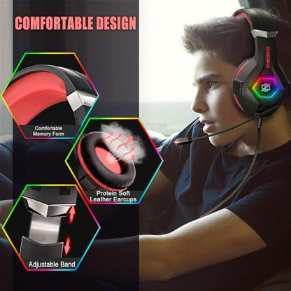 Ozeino Gaming Headset for PC, Ps4, Ps5, Xbox Headset with 7.1 Surround Sound, Gaming Headphones with Noise Cancelling Mic RGB Light Over Ear Headphones for Xbox Series X/S, Switch -Red - color: Red