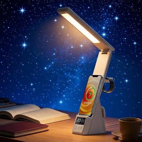 AYI Multi-Functional Wireless Charging Lamp with LED Display, Alarm Clock, 3 Color Light Modes, Foldable & Portable, 15W Fast Wireless Charger Stand for Smartphones, Smartwatches, Earbuds, N61 White. - color: Wireless Charger Table Lamp N61 White