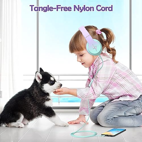 Candy Bila Wired Kids Headphones for School, Over-Ear for Boys Girls | Volume Limiter 85/94dB, HD Stereo Sound, Microphone and Wired Control,Foldable Design, Gradient Purple - color: Light Purple
