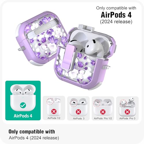 WENEW Case for AirPods 4th Case Cover Secure Lock Automatic Snap Switch Clip Cleaner Kit Lanyard Women Stylish Flower Armour Hard Shell Full Body Front LED Visible (Purple Flower, AirPods 4th) - color: Purple flower, size: AirPods 4