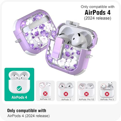 WENEW Case for AirPods 4th Case Cover Secure Lock Automatic Snap Switch Clip Cleaner Kit Lanyard Women Stylish Flower Armour Hard Shell Full Body Front LED Visible (Purple Flower, AirPods 4th) - color: Purple flower, size: AirPods 4