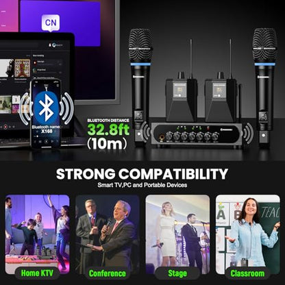 4 Channel UHF Wireless Mic Set with Handheld/Bodypack/Headset/Lapel Mics with Bluetooth Receiver Box + Volume Control Echo for Karaoke PA DJ Party (Wireless Microphone System)