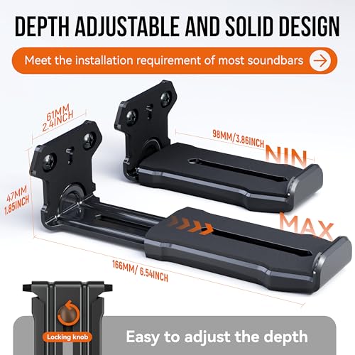 Soundbar Wall Mount Bracket for Samsung, Sony, LG, Vizio, Bose, JBL and More Sound Bar Mounts Under TV, Depth Adjustable 3.8”-6.5”, Hold up to 38 lbs, Soundbar Shelf, Black