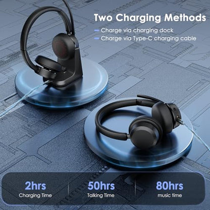 Mopchnic Bluetooth Headset with Microphone, Wireless Office Headset, ENC Noise Cancelling, USB Dongle, Charging Base, One-Tap Mute, 50H Talk Time for Zoom Teams, Call Center, Online Class