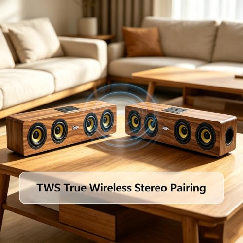 Retro Wooden Bluetooth 5.3 Portable Soundbar Speaker, 20W 2.0 Stereo with Bass Boost, TWS Pairing, USB/TF/AUX/FM Radio, for PC, Monitor, Laptop, Tablet & Smartphone