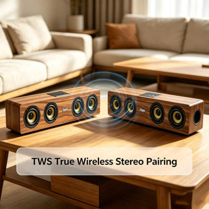 Retro Wooden Bluetooth 5.3 Portable Soundbar Speaker, 20W 2.0 Stereo with Bass Boost, TWS Pairing, USB/TF/AUX/FM Radio, for PC, Monitor, Laptop, Tablet & Smartphone