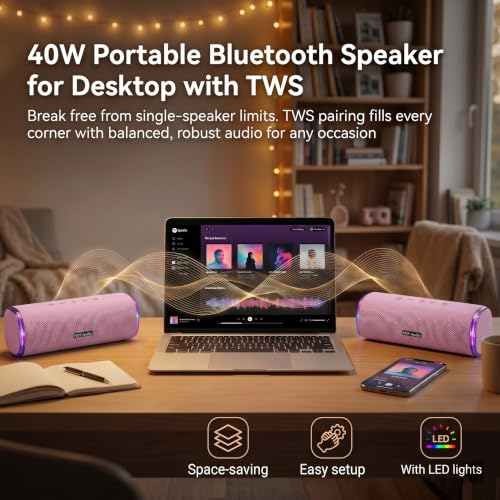IPX7 Waterproof Bluetooth Shower Speaker | 30W RMS (40W Peak) Floating Pool Speaker, RGB Sync Lights, Built-in Mic for Hands-Free Calls, Pink - color: Pink