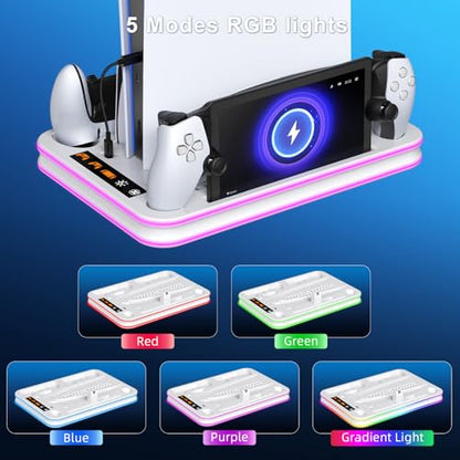 FYOUNG All in One Cooling Stand & Charger Station for PS5/Slim/Pro Console and Controller Charing Dock, Charging Stand for PlayStation Portal, Headset and Remote Holder with RGB Light Stand (White) - color: White