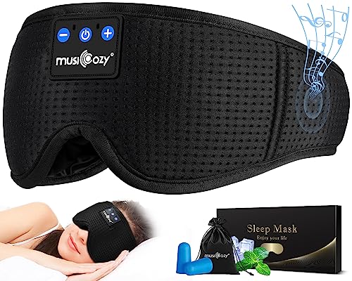 MUSICOZY Sleep Headphones Bluetooth 5.4 Sleep Mask with HD Sound | Breathable Flat Design with Cooling Lining, Washable Headband, 14 Hours Playtime for Travel Meditation Relaxation Gifts - color: Light Black