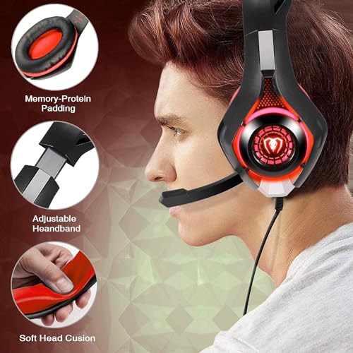 BlueFire Stereo Gaming Headset with Microphone for PS5 PS4 Xbox One Switch PC Mac – Wired Over-Ear Headphones with Surround Sound, Soft Memory Foam, Noise Canceling Mic, Light, 3.5mm Jack (Red) - color: Red