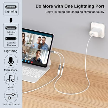 Apple MFi Certified Lightning to 3.5mm Headphones Jack Adapter | iPhone Dongle 2 in 1 Charger and Aux Audio Splitter Adapter for iPhone 14 13 12 11 XS XR 8 7 - color: Silver-L to 3.5