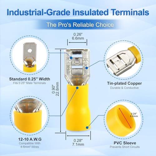 Baomain 1/4" Female Quick Disconnect Spade Terminals,Insulated Crimp Connectors 12-10 AWG 6.3mm (0.25 inch),Yellow, (100-Pack)