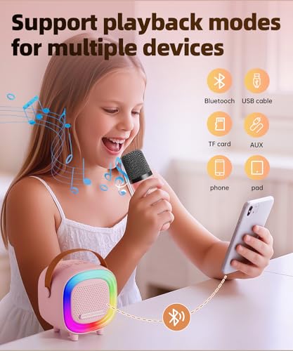 Kids Karaoke Machine Ages 3-12, Mini Wireless Mic Bluetooth Speaker, Pink | LED Party Lights, Voice Changer, Duets, BT 5.3, Rechargeable Portable, Birthday Christmas Toys & Gifts for Boys & Girls - color: Pink - 1 Mic
