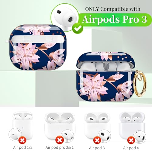 for AirPods Pro 3 Case (2025), Cute Cover Compatible with AirPod Pro 3rd Generation Shell with Rose Gold Keychain Earbuds Case for Women（Pink Flowers） - color: pink flowers