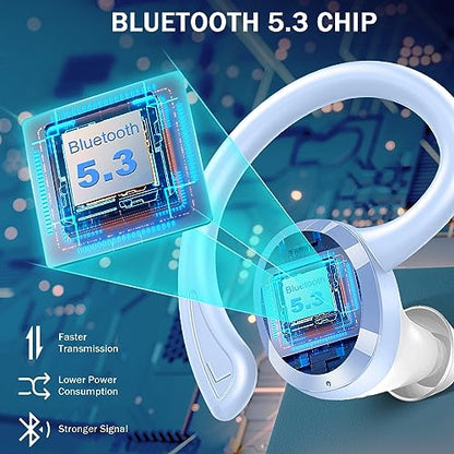 Wireless Earbuds Sport, 2025 Bluetooth 5.3 Headphones Bass Hi-Fi Stereo Over Ear Buds, 48Hrs Noise Cancelling Headset with Earhook, IP7 Waterproof Earphones Workout Running for Laptop Pad Android iOS - color: L-Blue
