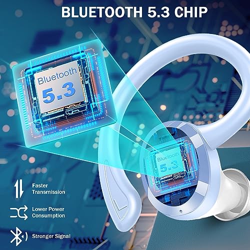 Wireless Earbuds Sport, 2025 Bluetooth 5.3 Headphones Bass Hi-Fi Stereo Over Ear Buds, 48Hrs Noise Cancelling Headset with Earhook, IP7 Waterproof Earphones Workout Running for Laptop Pad Android iOS - color: L-Blue