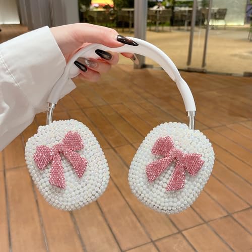 Pearl Bow Case for AirPods Max 2 Cover - Luxurious Rhinestones Glitter Crystal Headphones Case for AirPods Max Ear Cups Cover Protective 3 in 1 Accessories Set with Ear Pad/Headband for Girl - Pink
