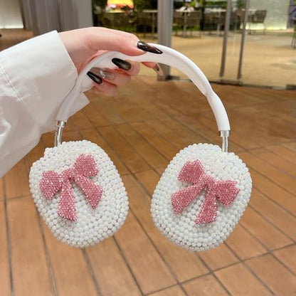 Pearl Bow Case for AirPods Max 2 Cover - Luxurious Rhinestones Glitter Crystal Headphones Case for AirPods Max Ear Cups Cover Protective 3 in 1 Accessories Set with Ear Pad/Headband for Girl - Pink