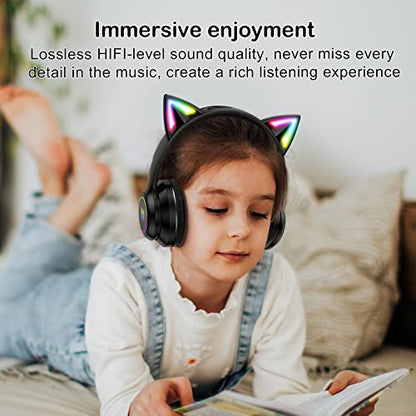 Bluetooth RGB Cat Ear Headphones, Foldable/Built-in Mic, Black | Wireless/wired, clear Hi-Fi sound, breathing lights, for kids/adults/boys/school/gaming, works with phone/laptop/PC/tablet - color: Black