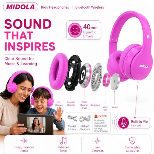Kids Bluetooth Headphones Wireless 68 Hours,Safe Volume Limit 85/94dB | Adjustable Headband Foldable Over-Ear Lightweight Headsets for Toddler Girls Boys Tablet/iPad,HD Stereo,Built-in Mic,H-Pink - color: Rose Pink