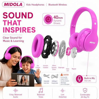 Kids Bluetooth Headphones Wireless 68 Hours,Safe Volume Limit 85/94dB | Adjustable Headband Foldable Over-Ear Lightweight Headsets for Toddler Girls Boys Tablet/iPad,HD Stereo,Built-in Mic,H-Pink - color: Rose Pink