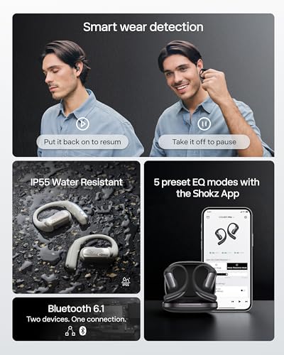 SHOKZ OpenFit Pro Open-Ear Earbuds with Noise Reduction, Dolby Atmos, Black | Bundle with Gym Bag; Deep Bass, 50H Playtime, AI call clarity; Bluetooth 6.1; IP55 Secure all-day fit; Gym/Office/Cafe use - color: Black