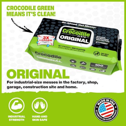 Crocodile Cloth Original Heavy-Duty Hand & Tool Wipes, 100 Count | Multi-Surface, Water-Based, Safe on Skin, 15" x 10" - size: 100 Count (Pack of 1)