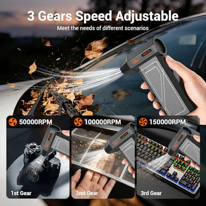 Compressed Air Duster-150000RPM Super Power Cordless Air Duster, Rechargeable Brushless Motor Durable Power Blower with SOS LED Light,Adjustable Dust Blower for Computer, Pet,Outdoor, House and Car