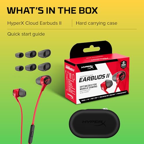 HyperX Cloud Earbuds II – 14mm Drivers, Four Eartips, Hard-Shell Carrying Case, Low-Profile 90° Plug, 3.5mm Plug, Built-in Microphone, Multi-Function Button, PC, Mobile, Nintendo Switch – Red - color: Red